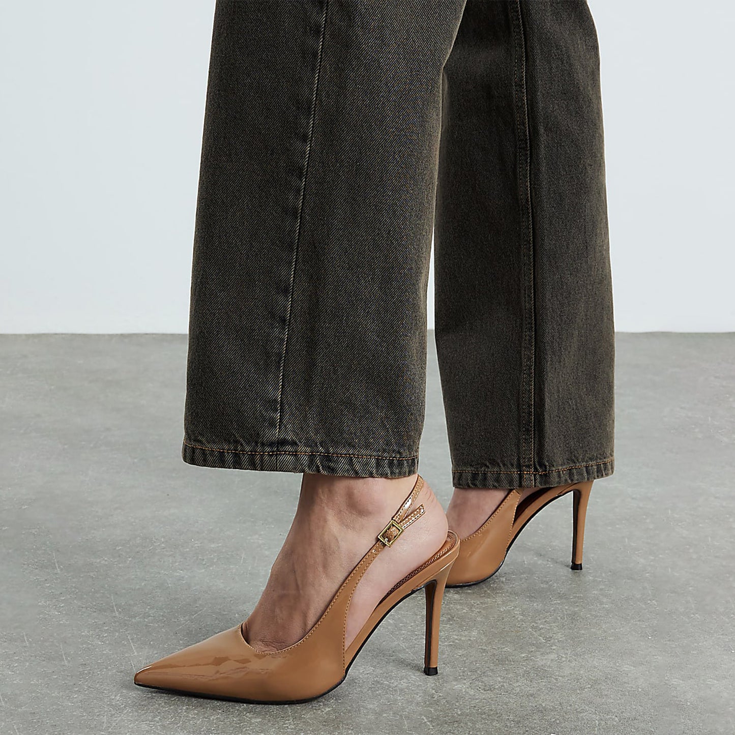 Patent Beige Pointed-Toe Slingback Slip-On High Heels