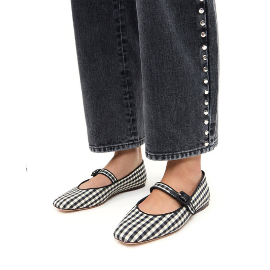Gingham Satin Square-Toe Bridge Strap Ballet Flats