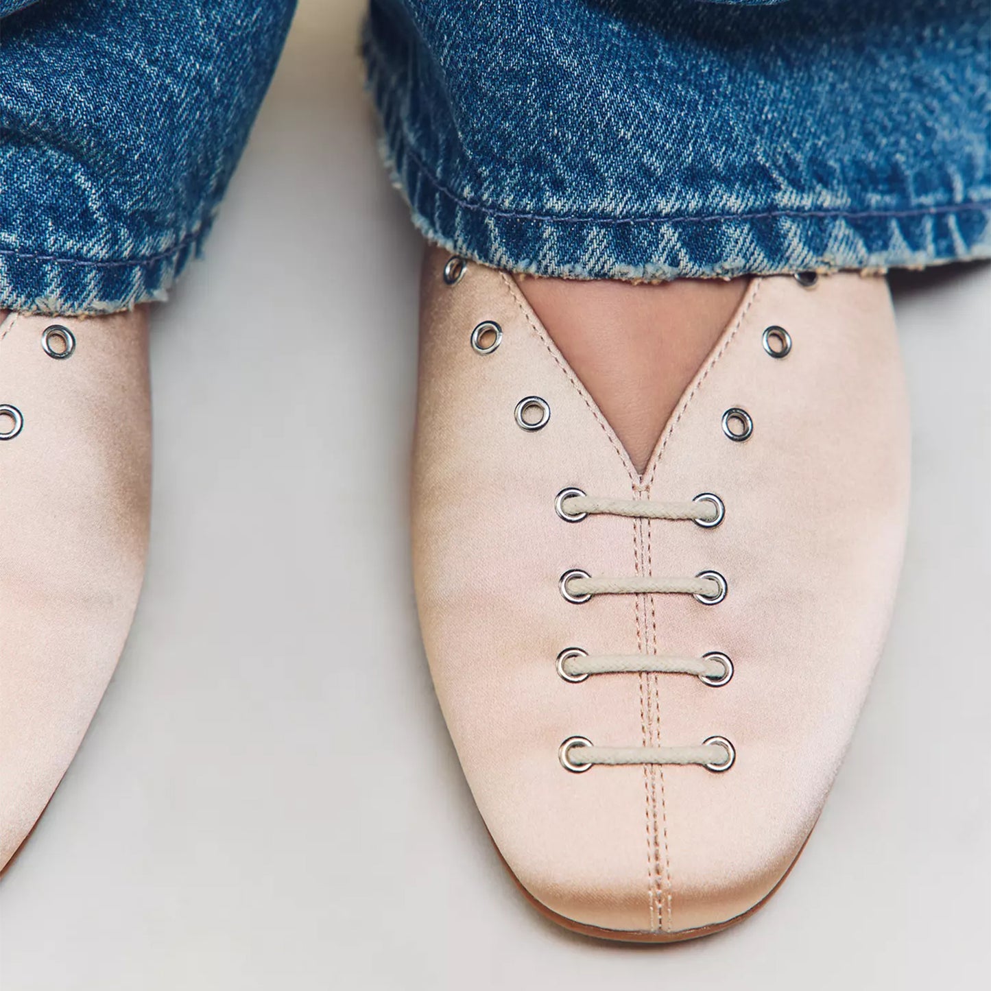 Pink Satin Square-Toe Grommet Lace-Up Ballet Flats