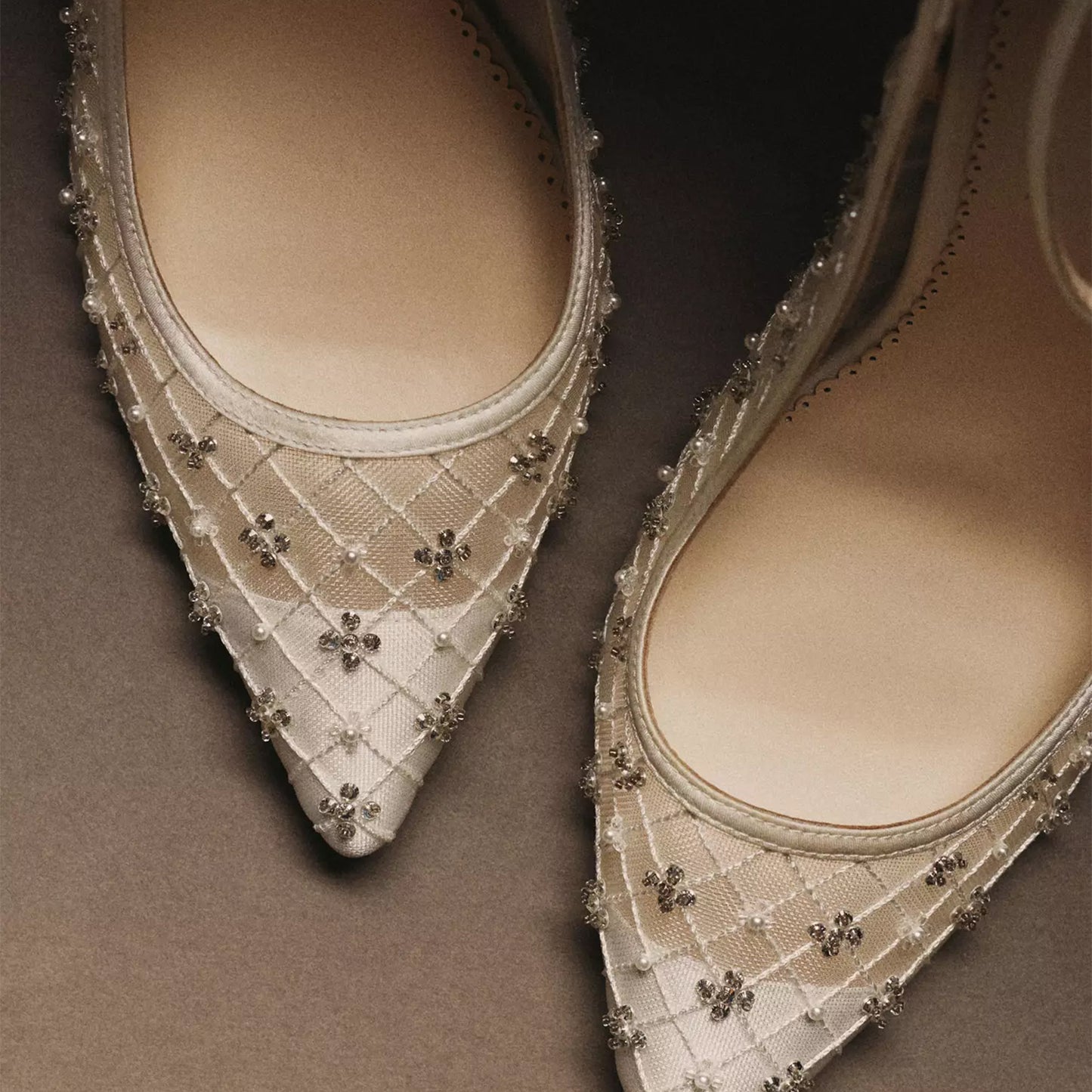 White Crystal-Embellished Mesh Pointed-Toe Slingback Ankle Strap High Heels