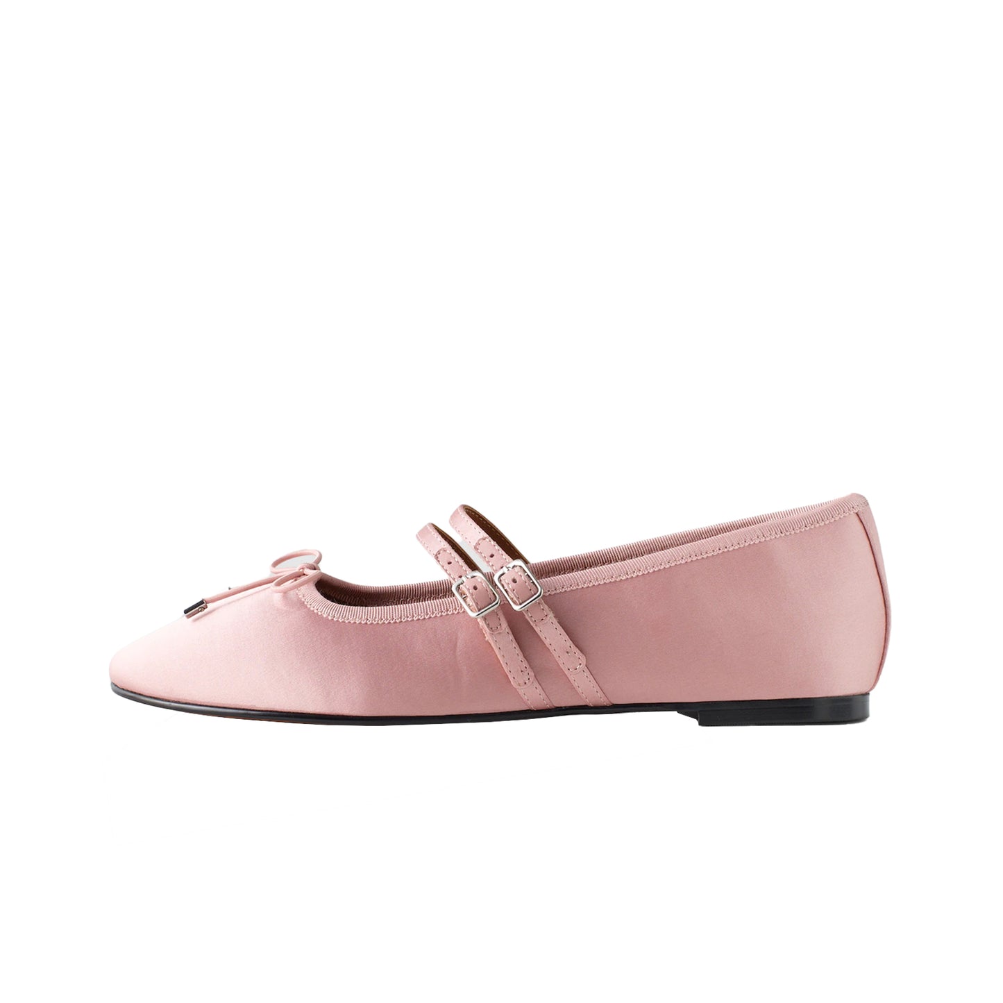 Blush Pink Satin Square-Toe Double Bridge Strap Front Bow Ballet Flats