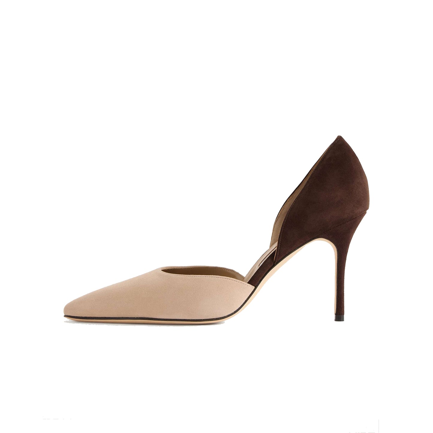 Contrast Beige And Brown Faux Suede Pointed-Toe Slip-On High Heels
