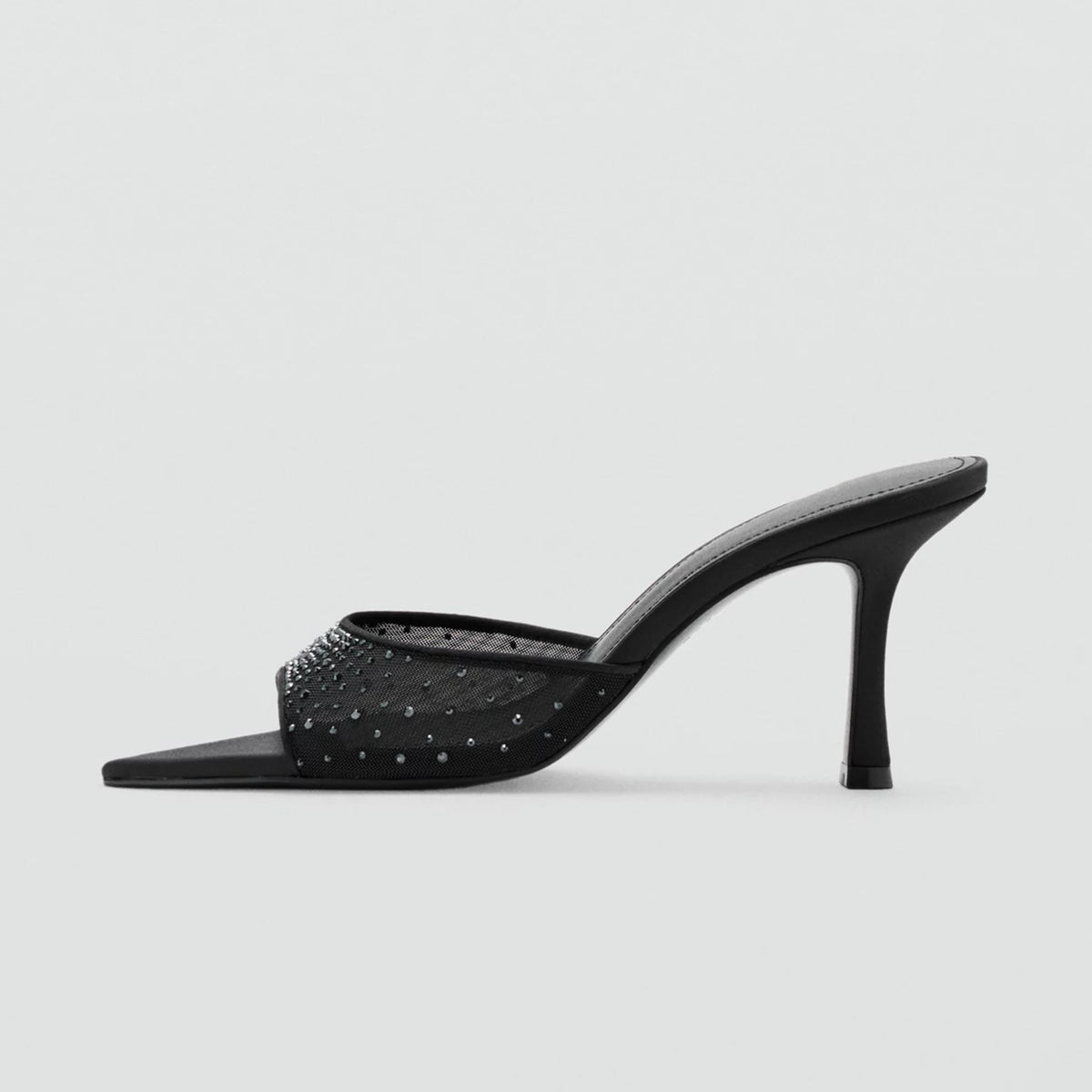 Black Mesh With Rhinestones Pointed-Toe Backless Pumps High Heels