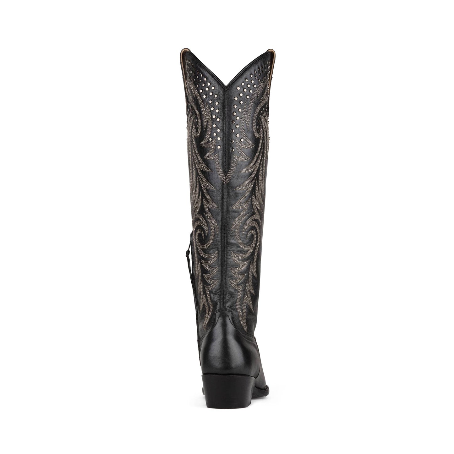 Black Snip-Toe Studs And Embroidery Classic Half-Zip Knee High Cowgirl Boots