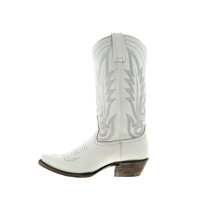 White Snip-Toe Embroidery Classic Mid Calf Cowgirl Boots