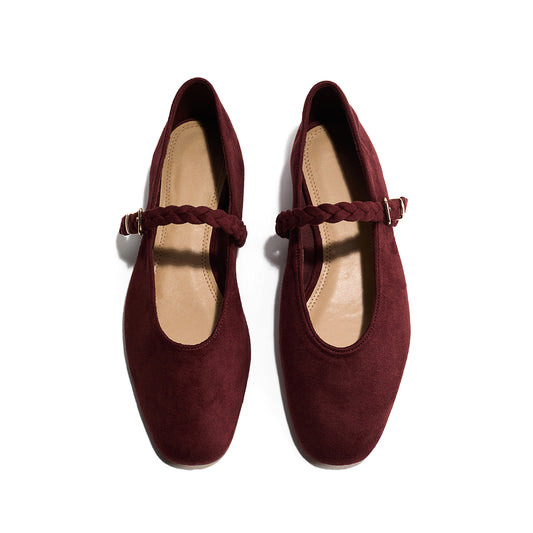 Burgundy Faux Suede Square-Toe Delicate Buckle Mary Jane Ballet Flats