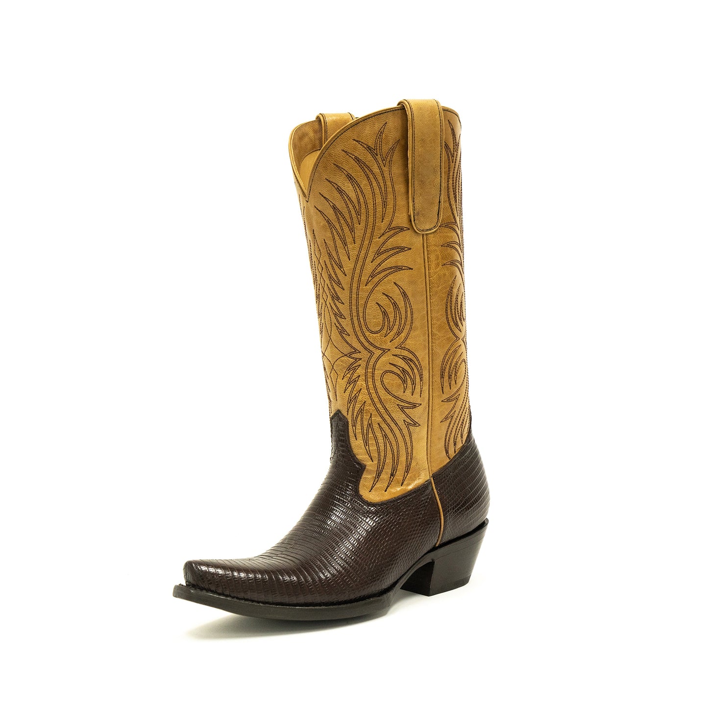 Contrast Tan And Chocolate Lizard Print Snip-Toe Embroidery Mid Calf Cowgirl Boots