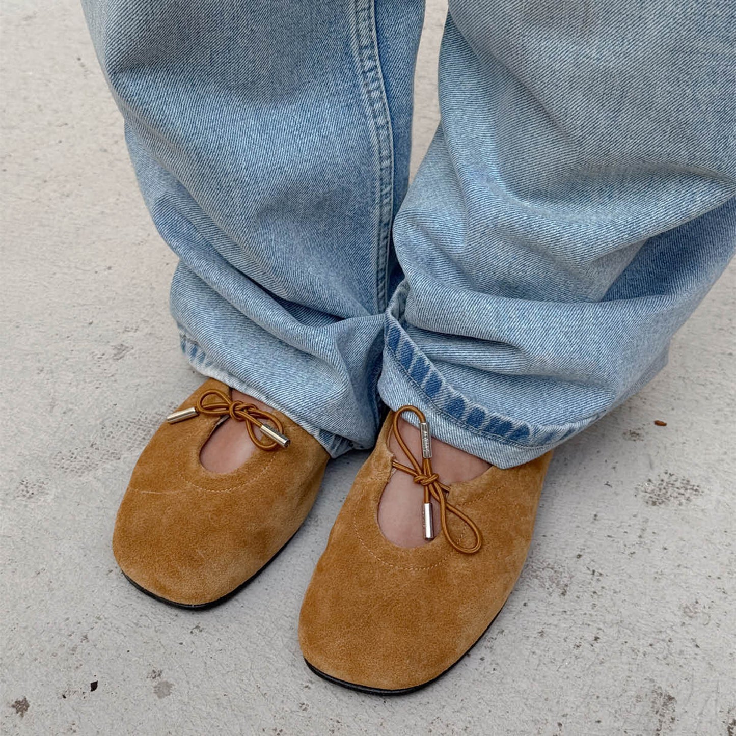 Brown Faux Suede Square-Toe Bridge Self-Tie Bow Ballet Flats