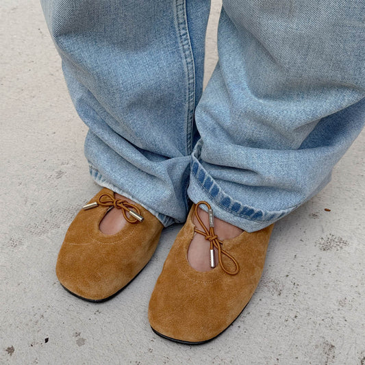 Brown Faux Suede Square-Toe Bridge Self-Tie Bow Ballet Flats