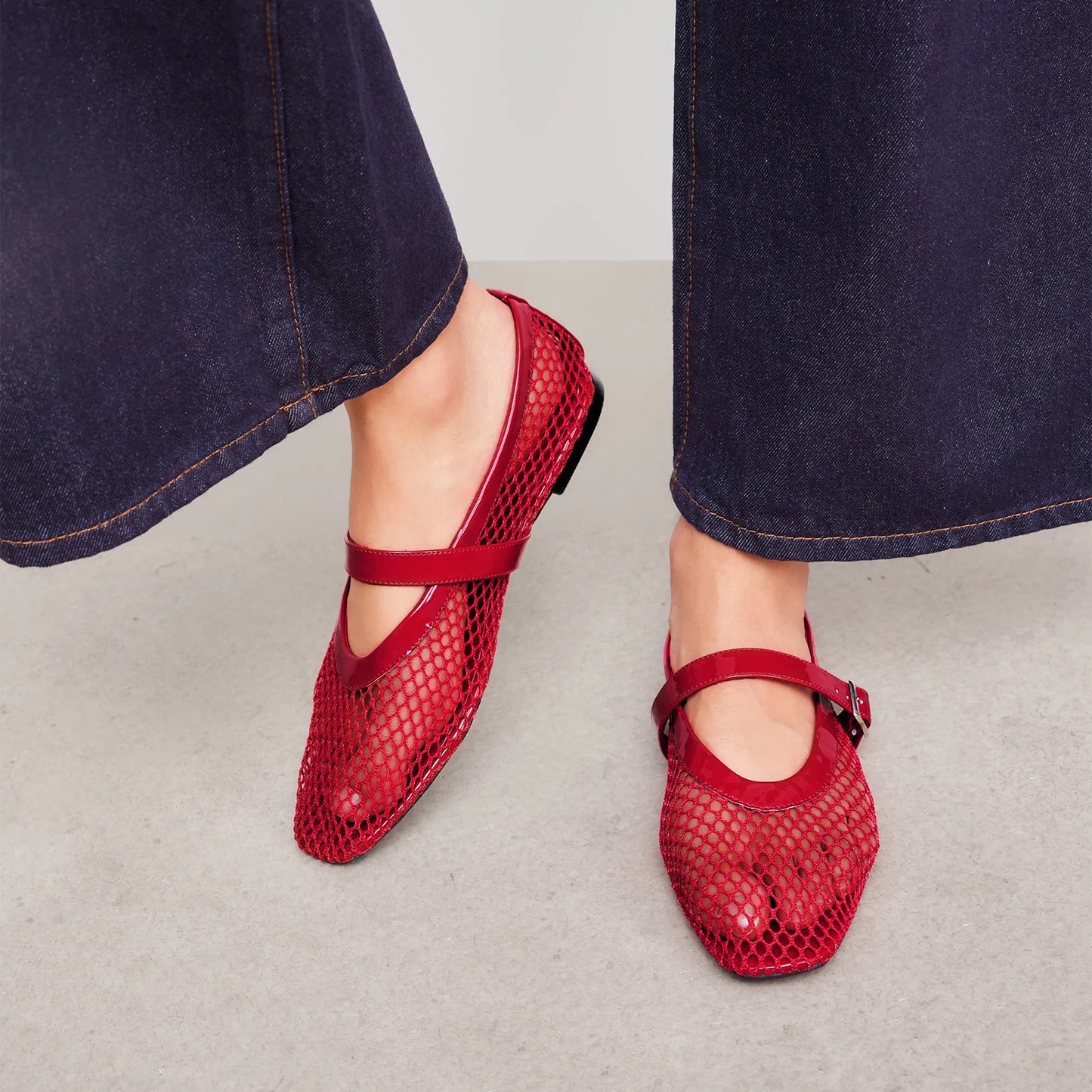 Red Mesh And Patent Leather Square-Toe Mary Jane Ballet Flats