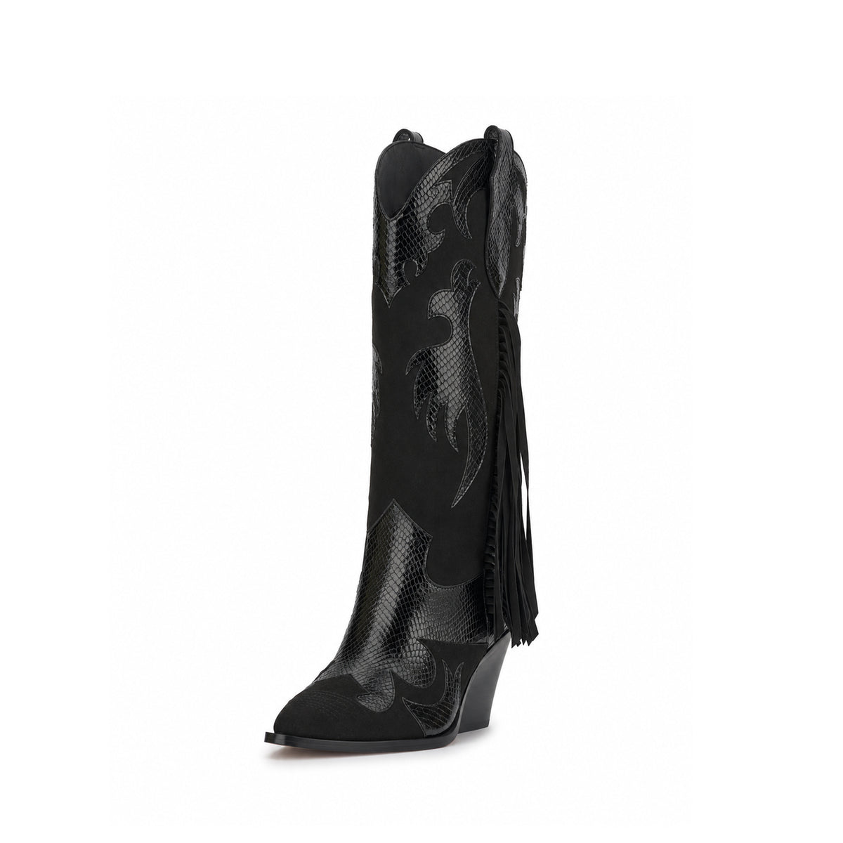 Black And Snakeskin Pattern Almond-Toe Applique And Side Fringe Half-Zip Knee High Cowgirl Boots