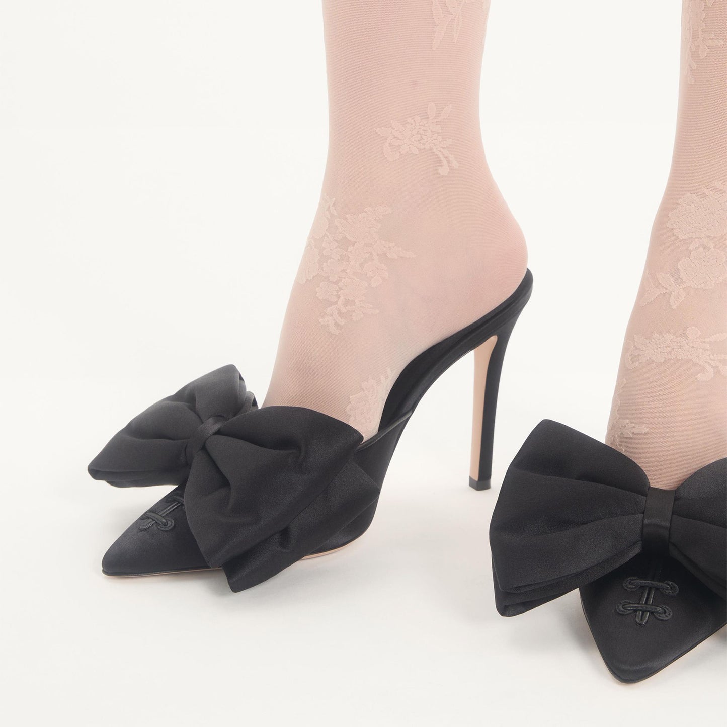 Black Satin Pointed-Toe Big Front Bow Backless Mule High Heels