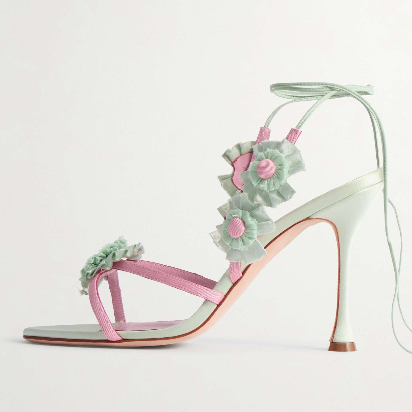 Mint Green Satin Round-Toe Strappy With Flowers Detail High Heels