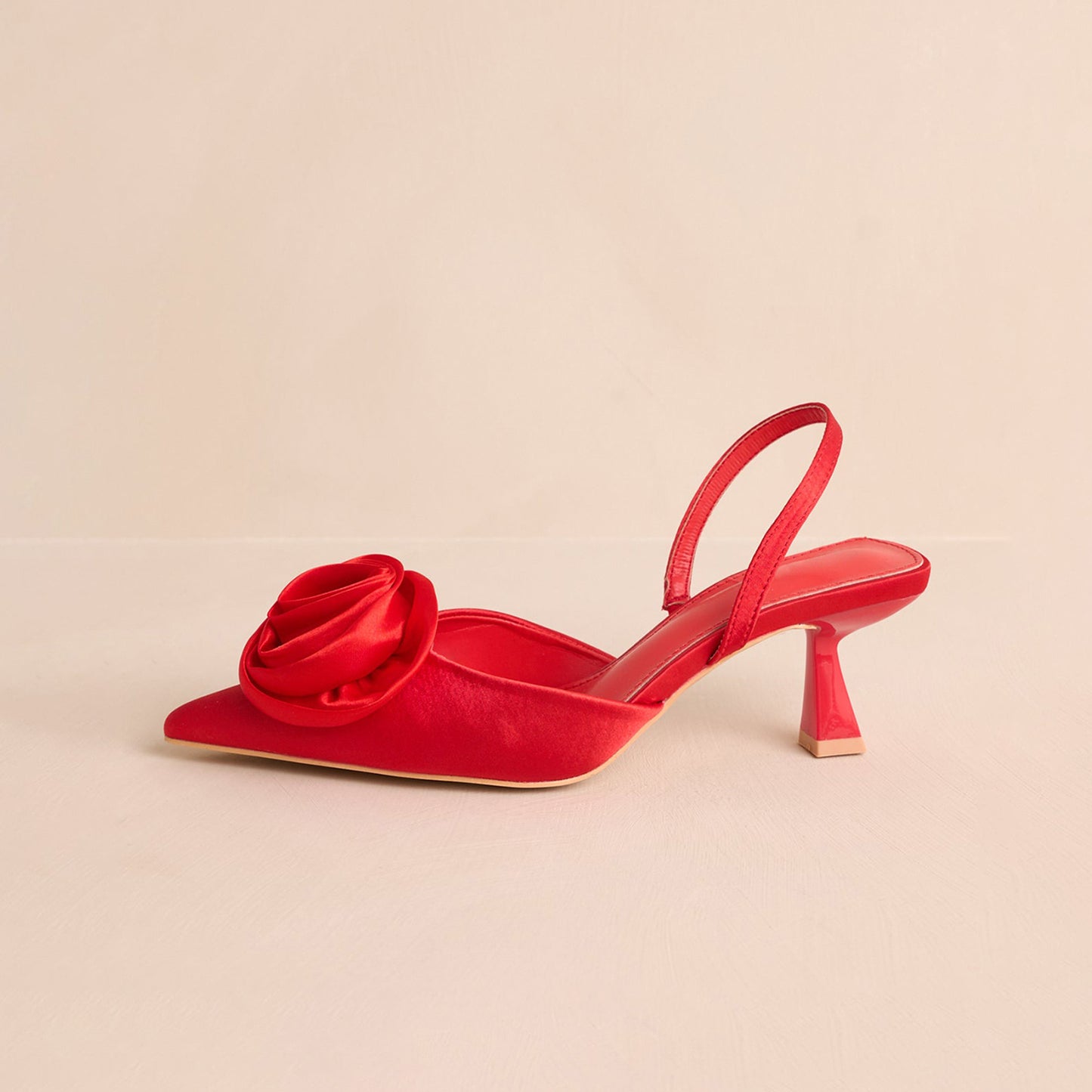 Red Satin Pointed-Toe Front Flower Slingback Kitten Heels