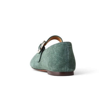 Architect Green Faux Suede Round-Toe Buckle Bridge Strap Slip-On Flats