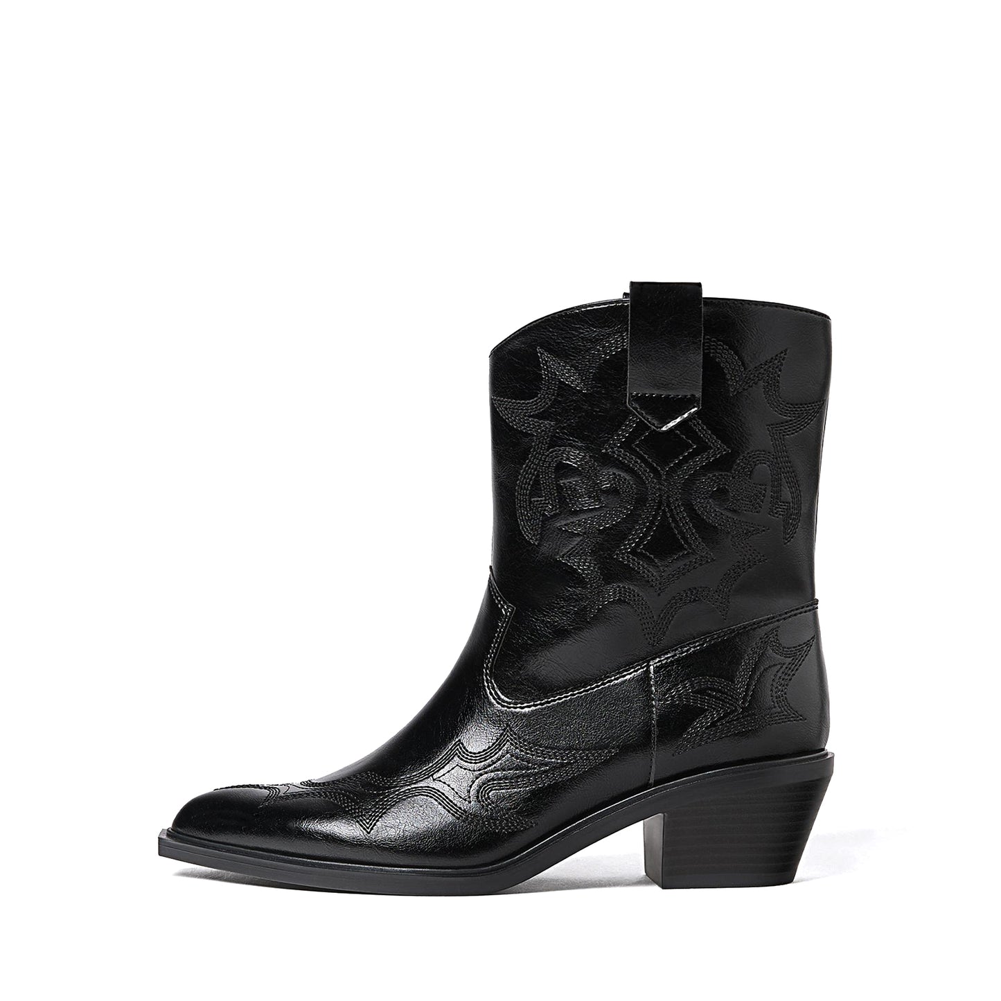 Black Almond-Toe Embroidery Detail Full-Zip Ankle Cowgirl Boots