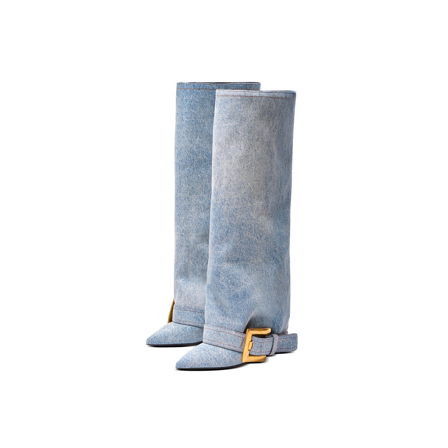 Blue Denim Pointed-Toe Bottom Buckle Fold-Over Wide Calf Knee High Stiletto Boots