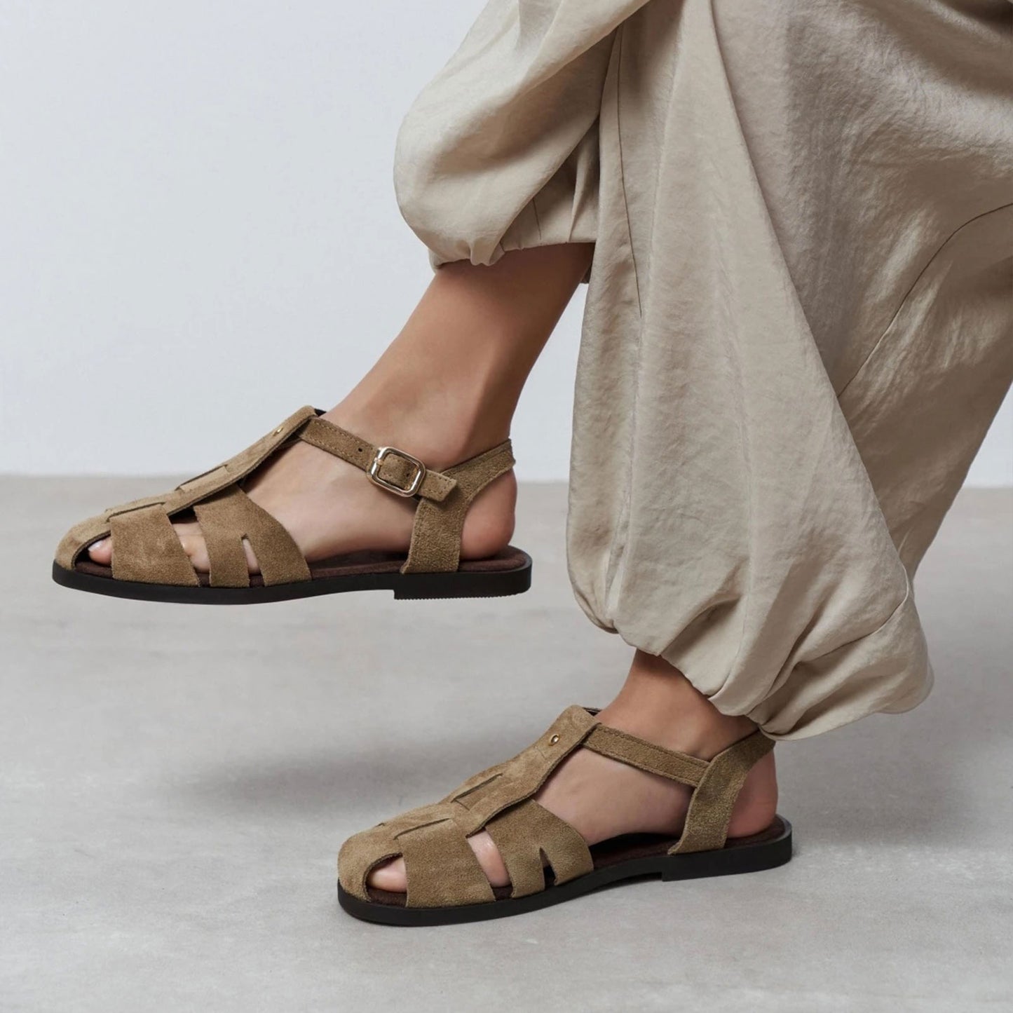 Taupe Cow Suede Round-Toe Caged Detail Buckle Sandals Flats