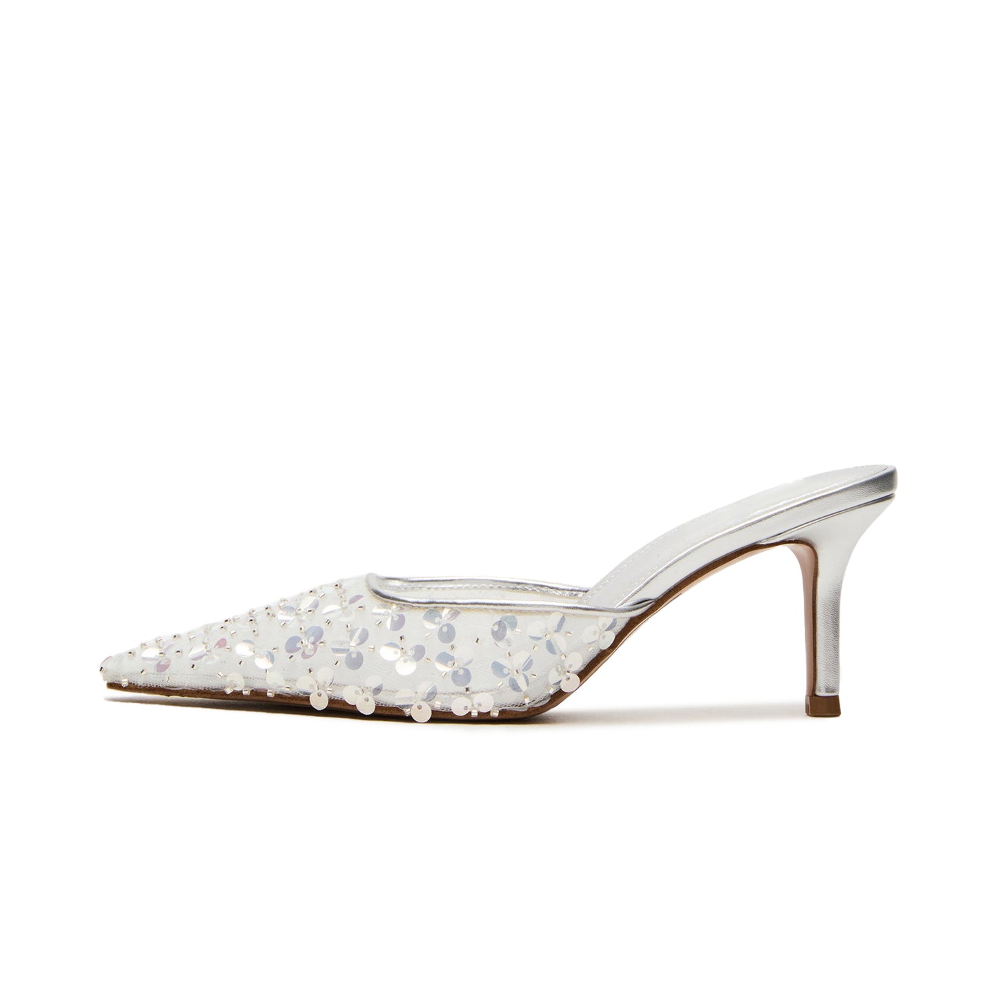 Metallic Silver Sequins Mesh Pointed-Toe Backless High Heels