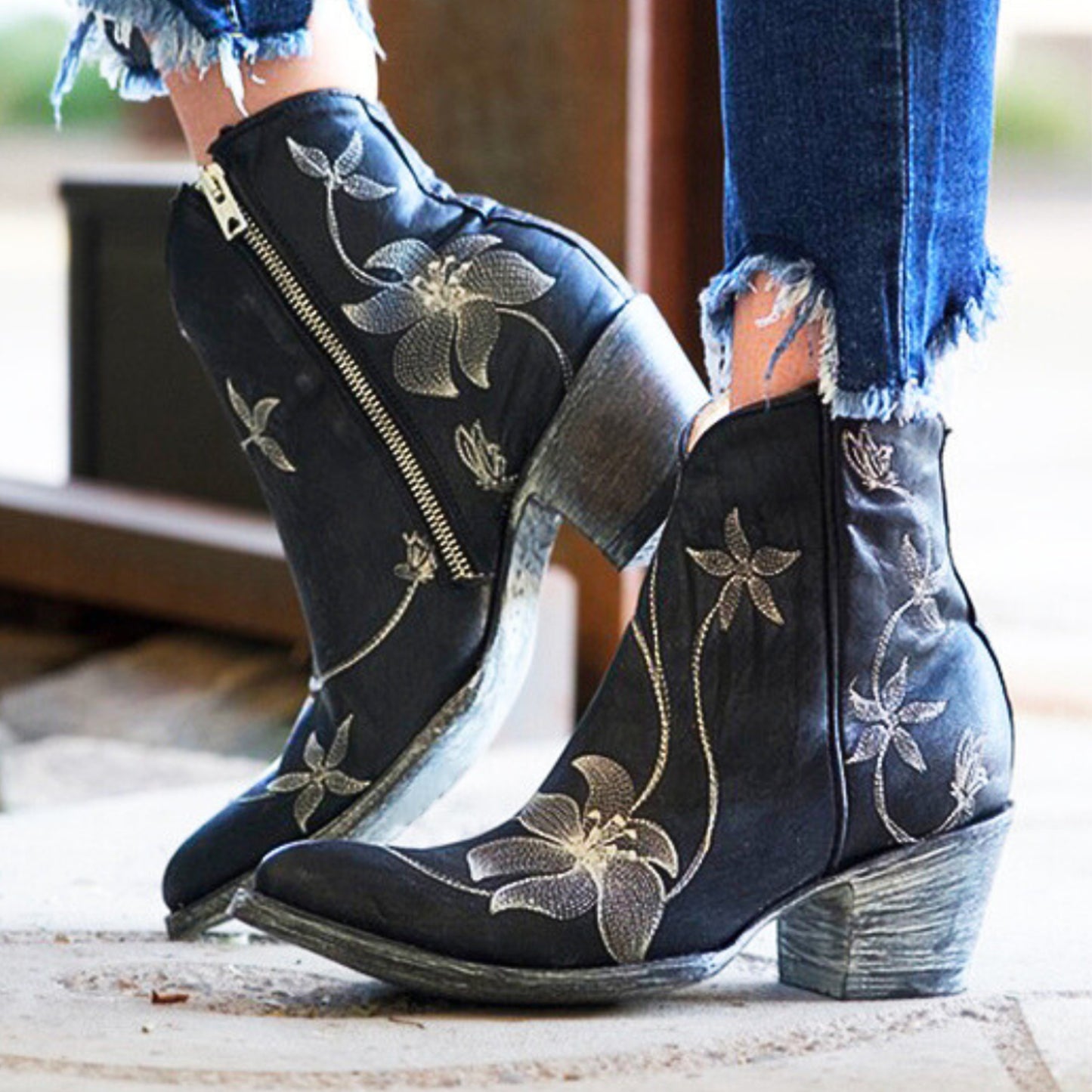 Navy Blue Round-Toe Floral Embroidery Full-Zip Ankle Cowgirl Boots
