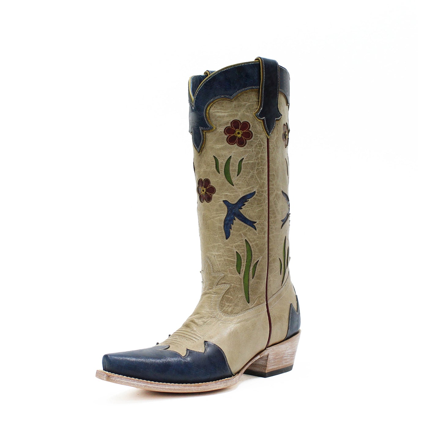 Contrast Bone And Blue Snip-Toe Birds Flowers Inlays Mid Calf Cowgirl Boots