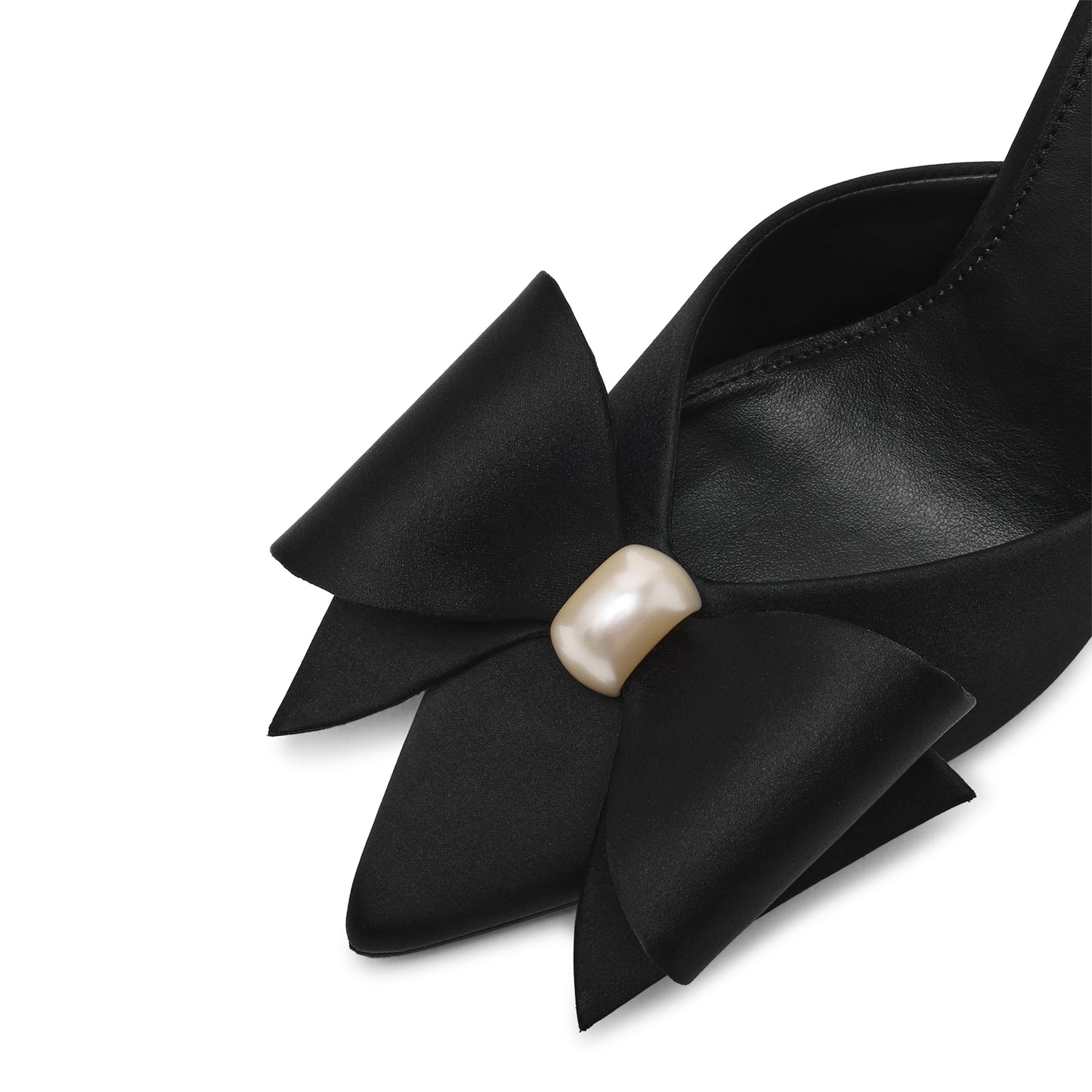 Black Satin Pointed-Toe Front Big Bow Slip-On Backless High Heels