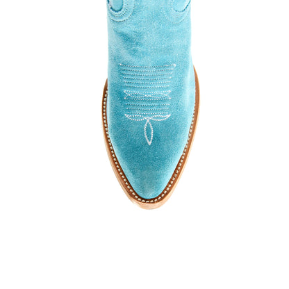Blue Faux Suede Almond-Toe Embroidery Ankle Cowgirl Boots