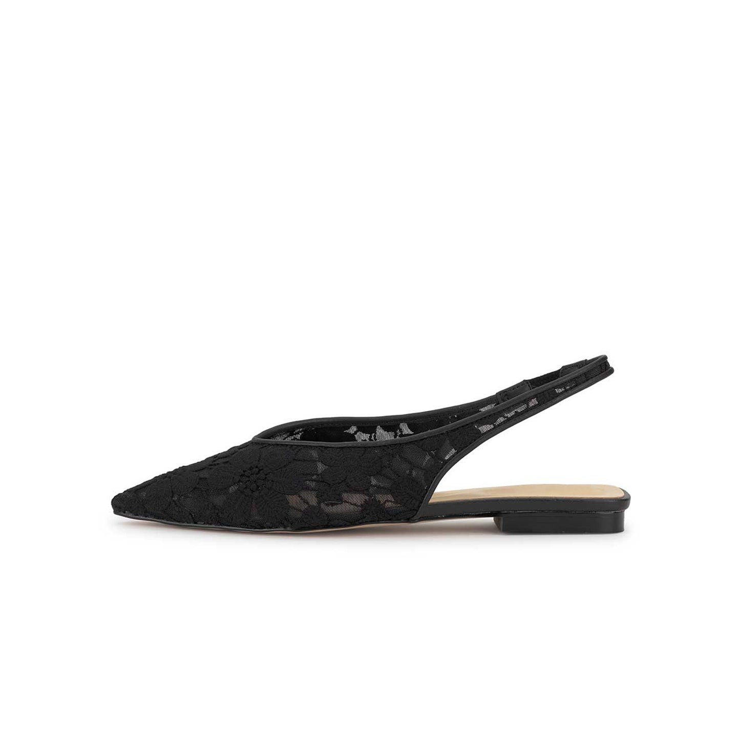 Black Mesh Pointed-Toe Flowers Embroidery Back Strap Flats