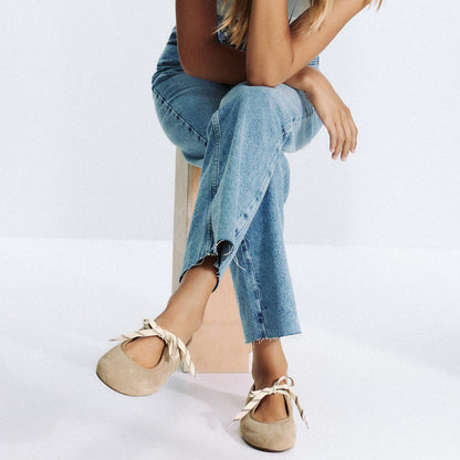 Sandy Brown Faux Suede Round-Toe Lace-up Closure Contrast Stitching Ballet Flats