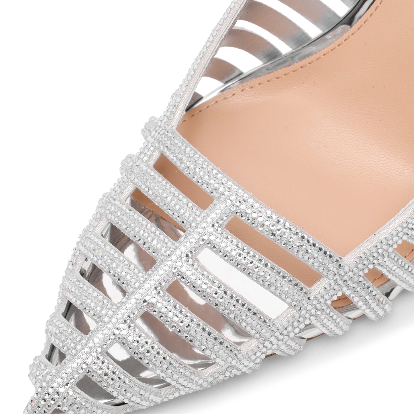 Metallic Silver Pointed-Toe Rhinestones Strappy And Slingback Kitten Heels