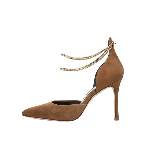 Brown Faux Suede Pointed-Toe Double Gold Ankle Chains High Heels
