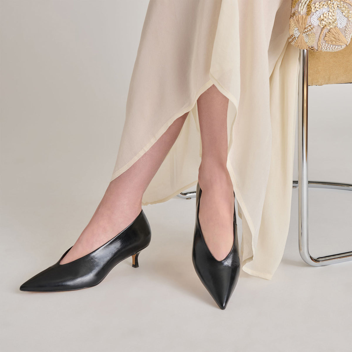 Black Pointed-Toe Sleek Slip-On Kitten Heels