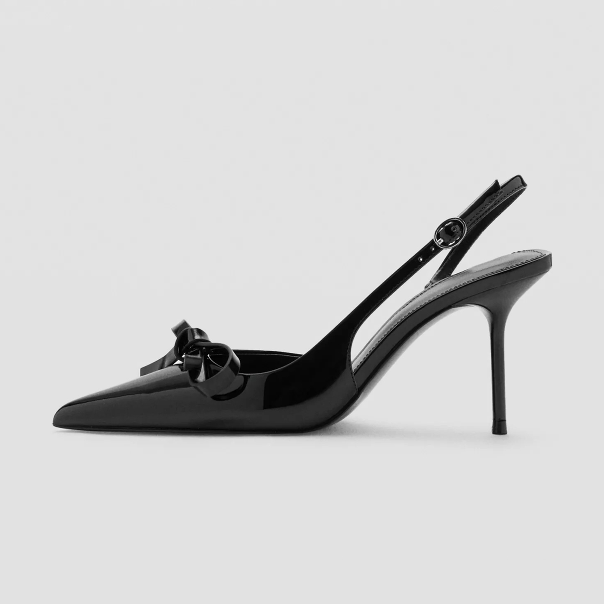 Patent Black Pointed-Toe Front Bow Slingback With Buckle High Heels