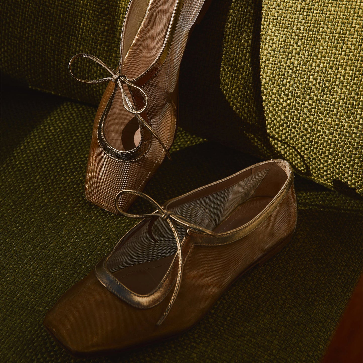 Metallic Gold Mesh Square-Toe Bow-Tied Vamp Strap Flats