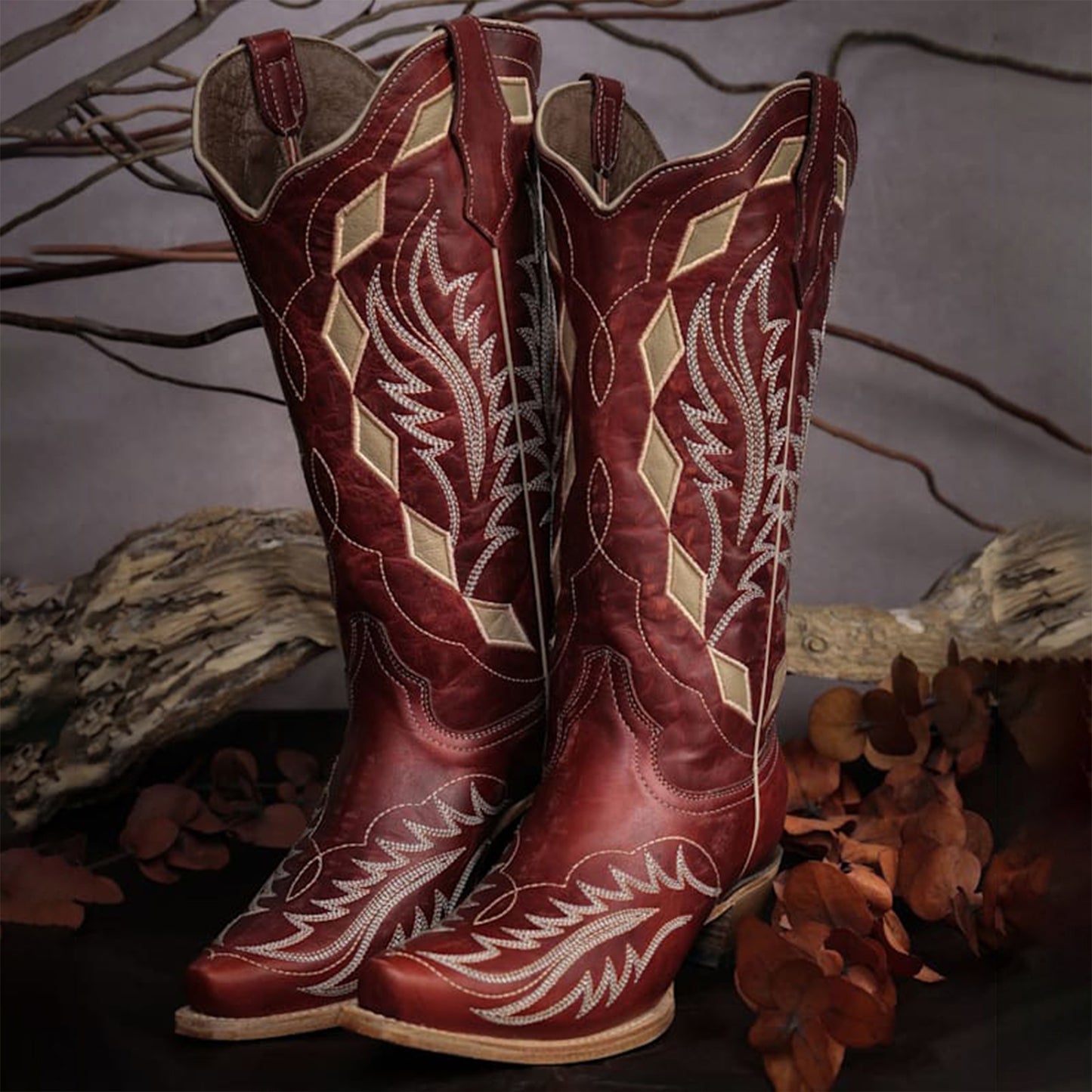 Dark Red Snip-Toe Embroidery And Inlay Mid Calf Cowgirl Boots