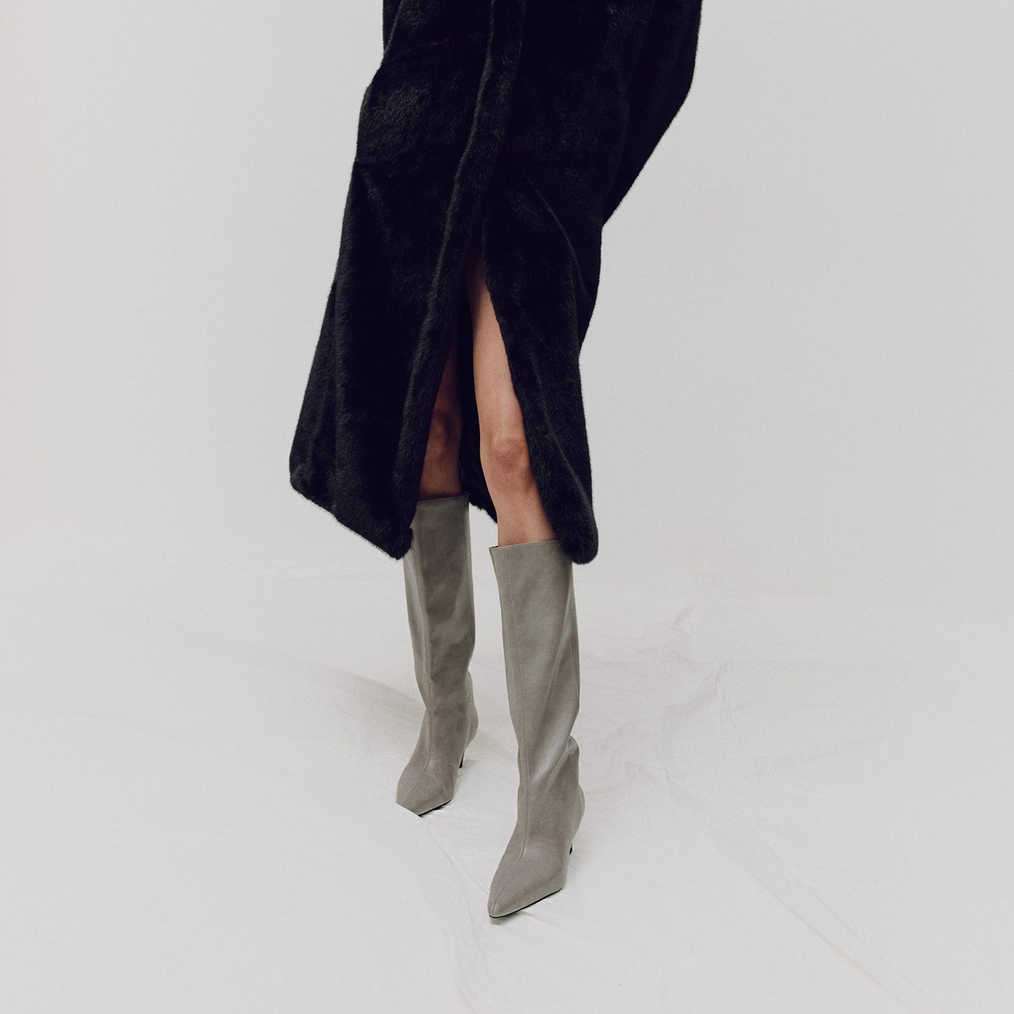 Gray Pointed-Toe Sleek Wide Calf Knee High Stiletto Boots