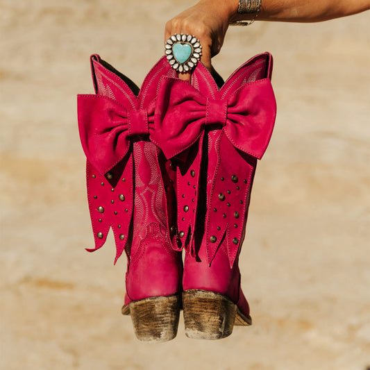 Fuchsia Pointed-Toe Embroidery Back Studded Bow Mid Calf Cowgirl Boots