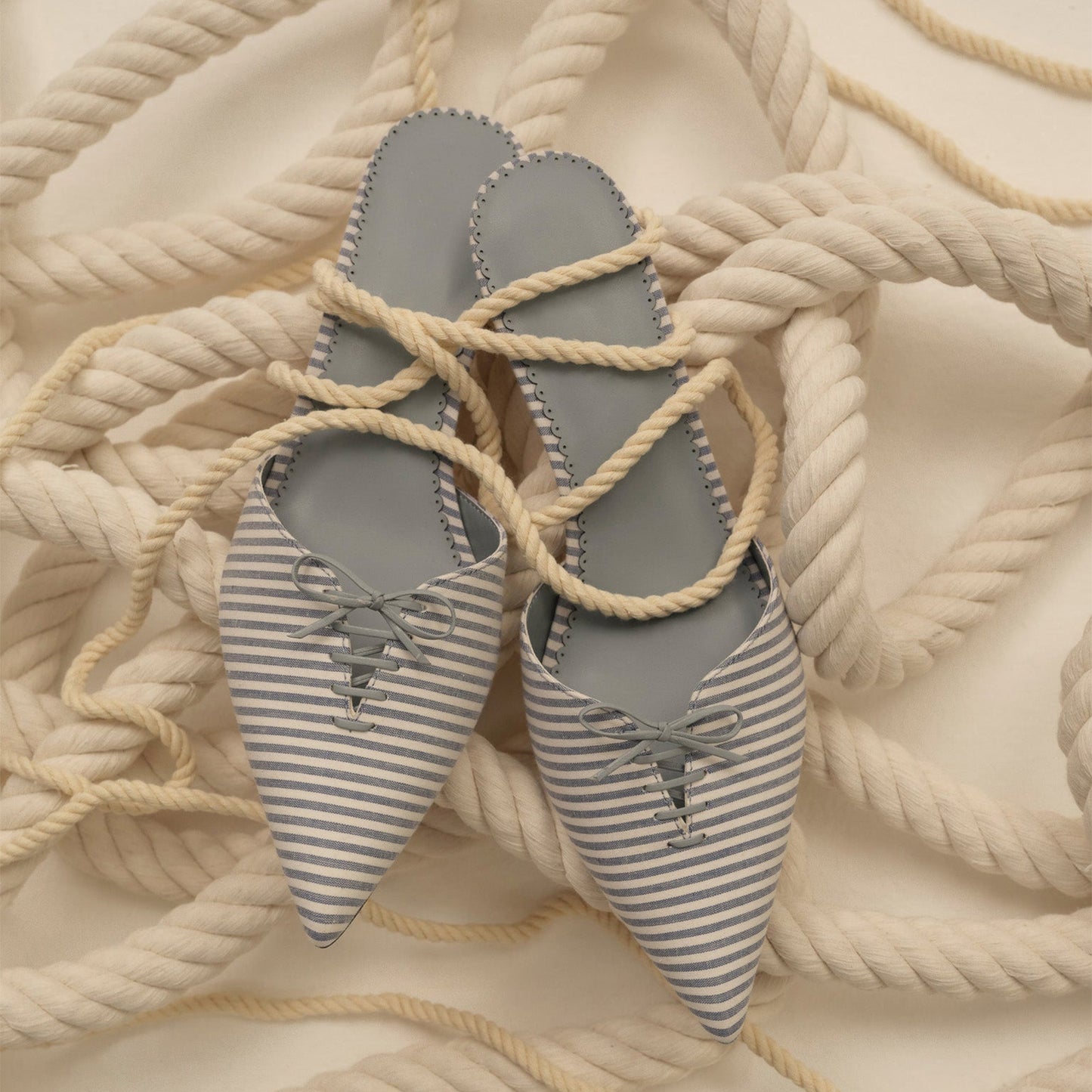 Blue Canvas Pointed-Toe Slip-On Backless Chic Kitten Heels