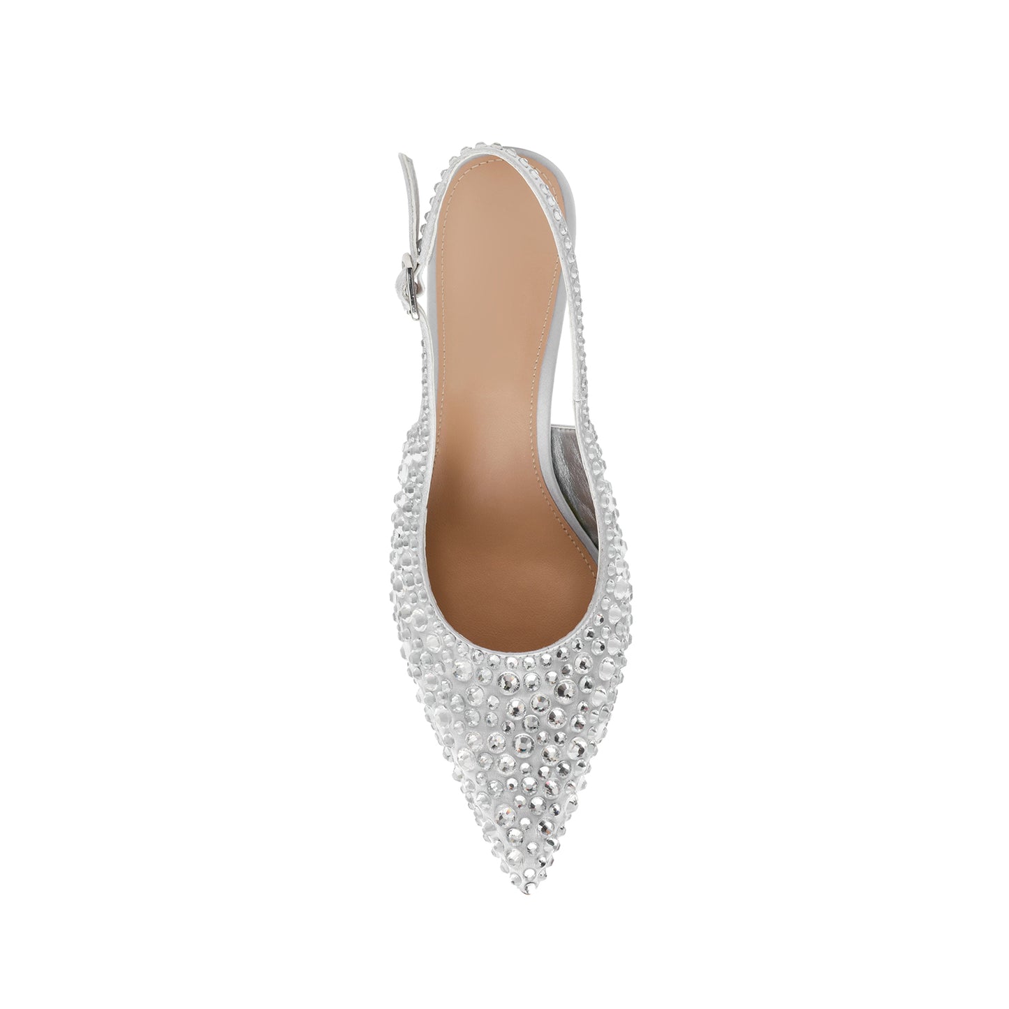 Silver Satin Full Crystals Pointed-Toe Classic Slingback Kitten Heels