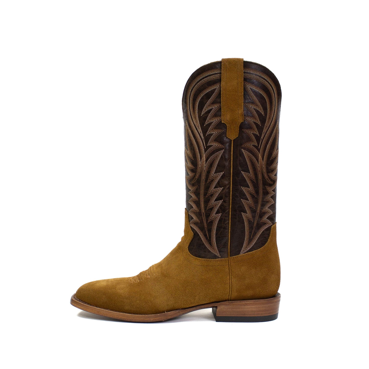 Contrast Black And Cognac Square-Toe Embroidery Mid Calf Cowgirl Boots