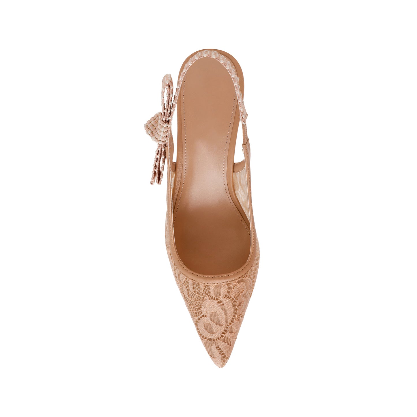Nude Lace Mesh Pointed-Toe Slingback With Bow Kitten Heels