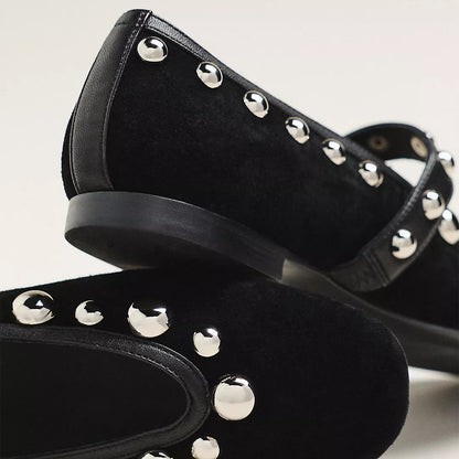 Black Faux Suede Round-Toe Studded Ballet Flats With Bridge Strap