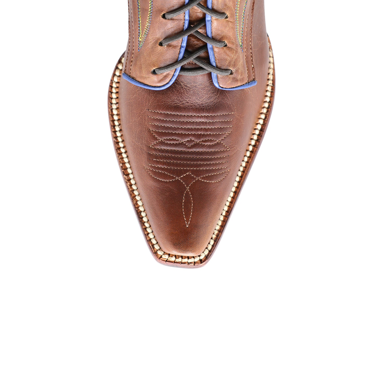 Brown Snip-Toe Embroidery Front Lace-Up Ankle Cowgirl Boots