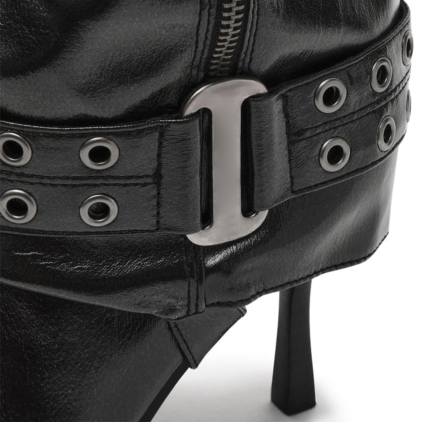 Black Pointed-Toe Half-Zip Buckle Straps With Eyelets Knee High Stiletto Boots
