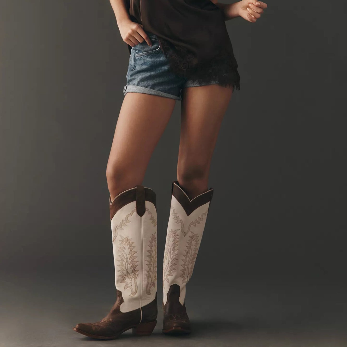 Contrast Ivory And Coffee Snip-Toe Chic Embroidery Wide Calf Knee High Cowgirl Boots