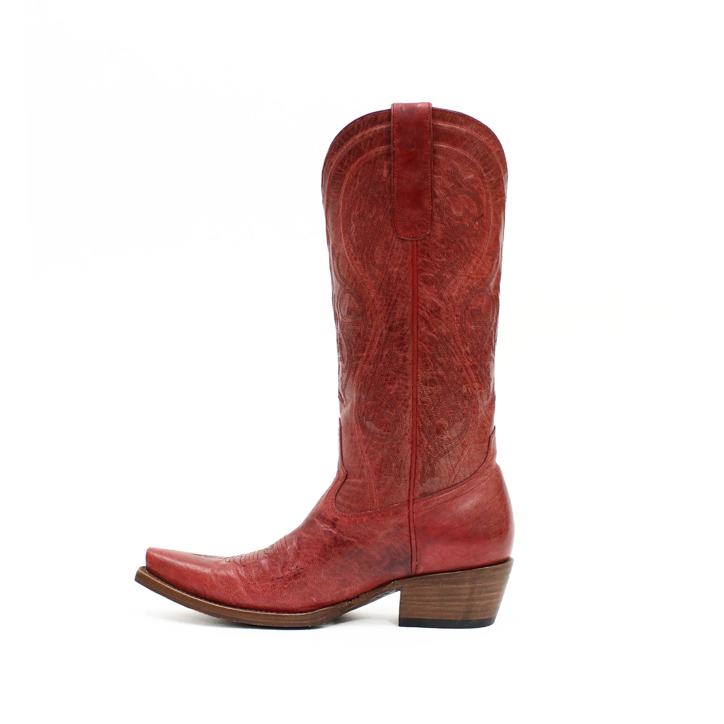 Distressed Wine Red Snip-Toe Embroidery Chic Mid Calf Cowgirl Boots