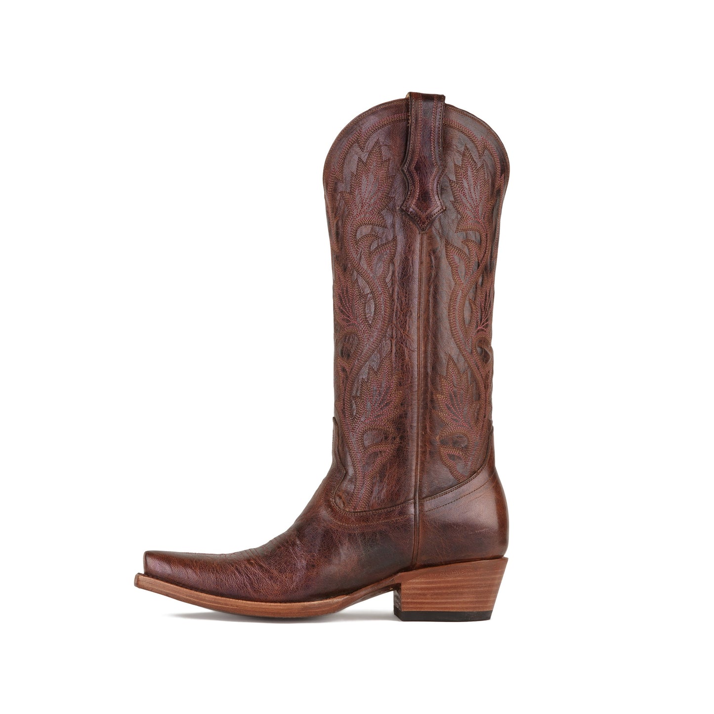 Cognac Snip-Toe Plant Embroidery Mid Calf Cowgirl Boots