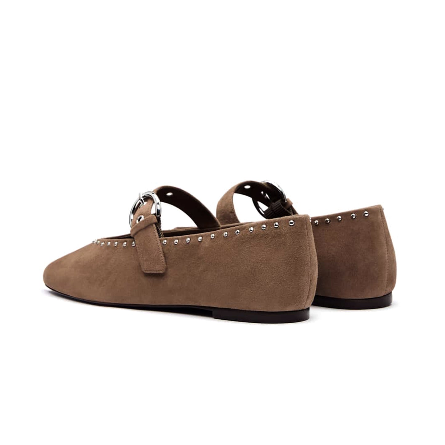 Brown Faux Suede Square-Toe Classic Buckle Bridge Strap Studs Ballet Flats