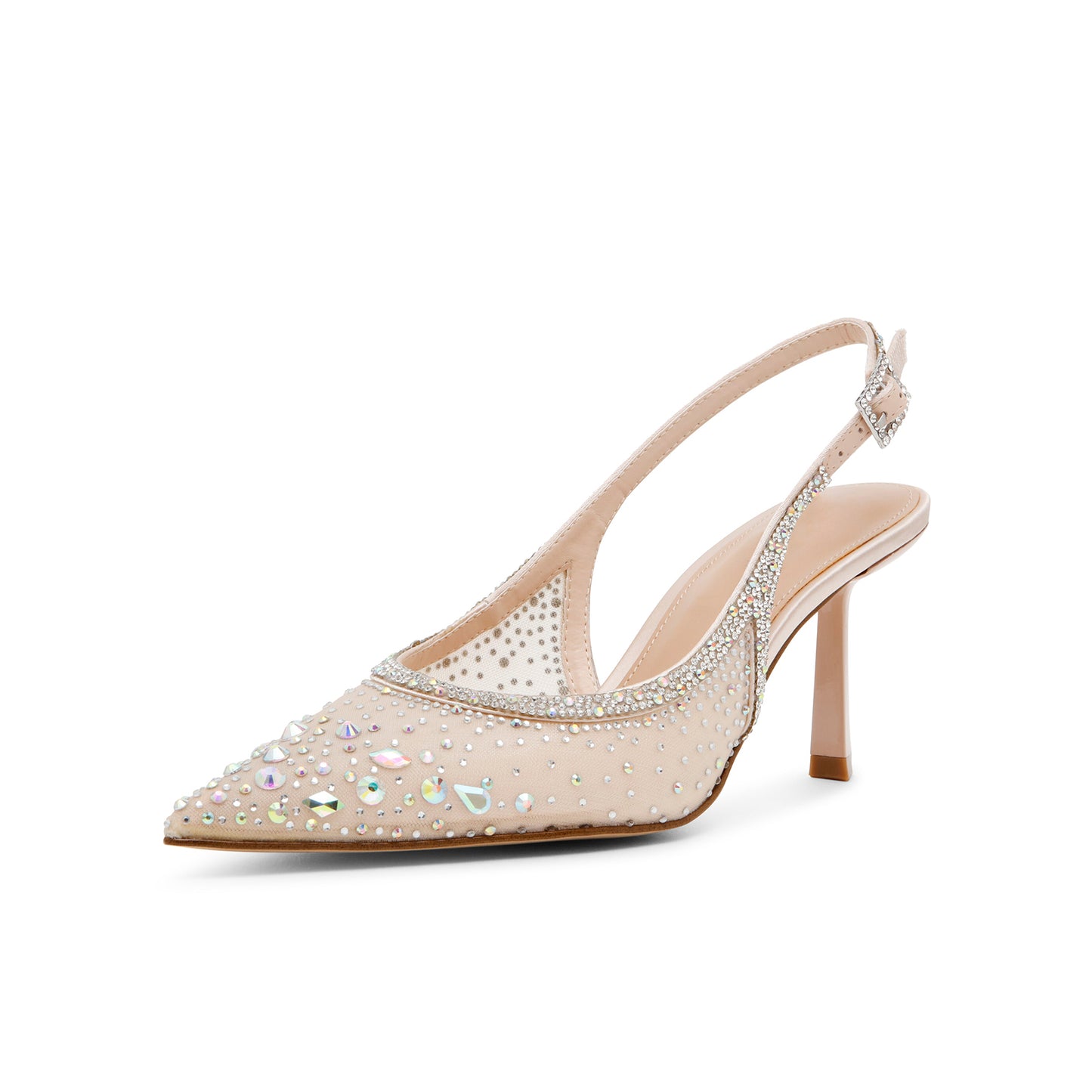 Champagne Mesh Pointed-Toe Rhinestone Satin Slingback Kitten Heels