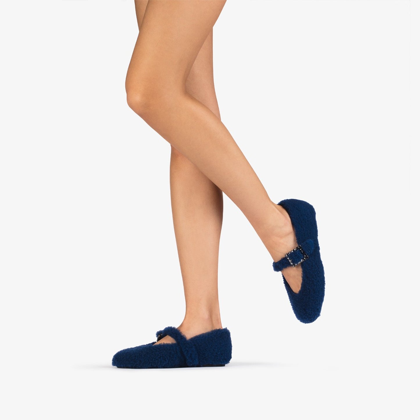 Blue Full Plush Square-Toe Bridge Strap Ballet Flats